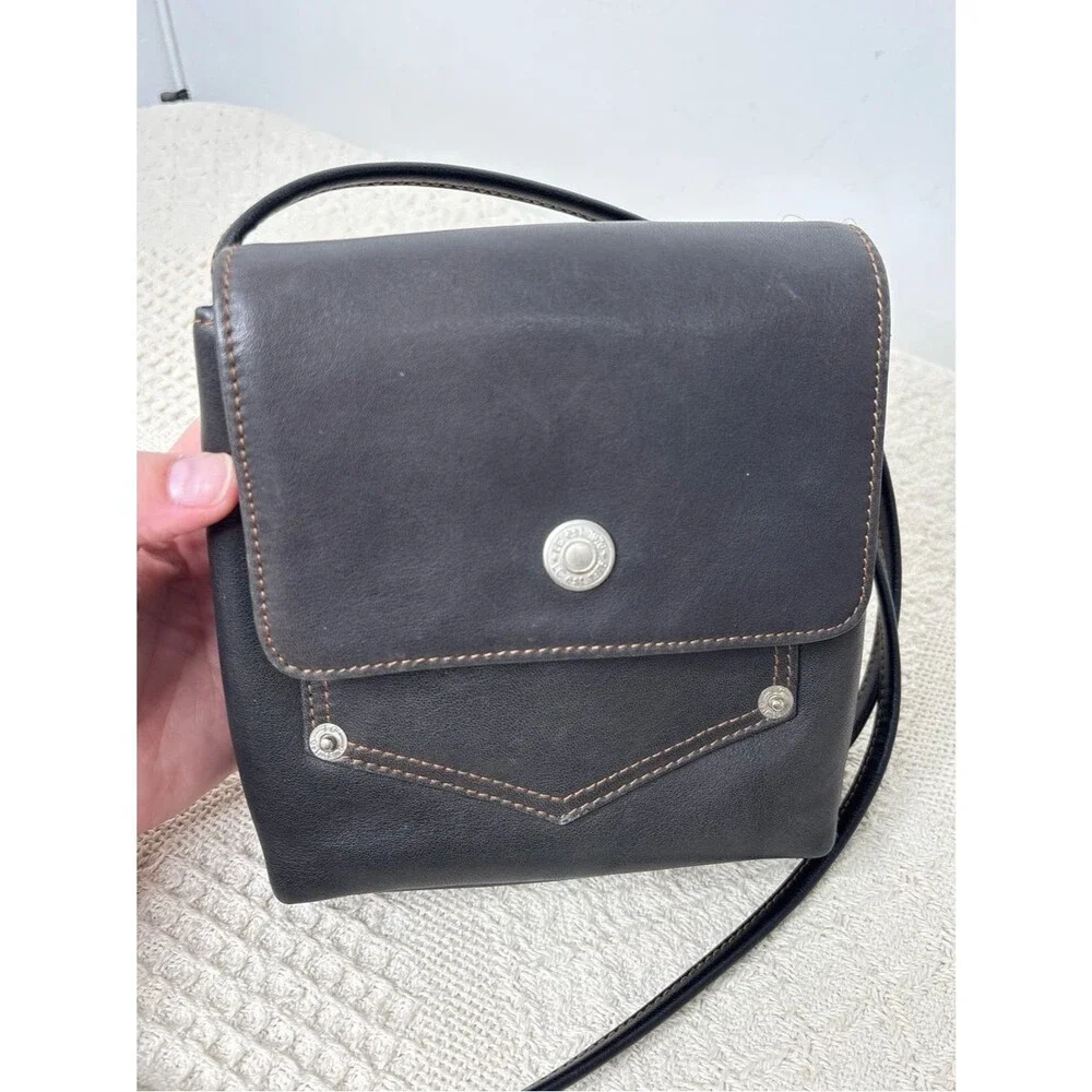 90s Vintage Liz Claiborne Leather Co Dark Gray Pocket Bag Flap Crossbody Purse